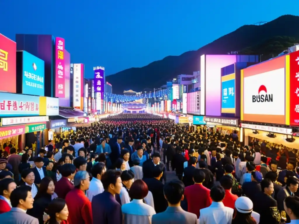 Vibrante Festival de Cine de Busan: multitud en las calles iluminadas, celebridades y entusiasmo asiático