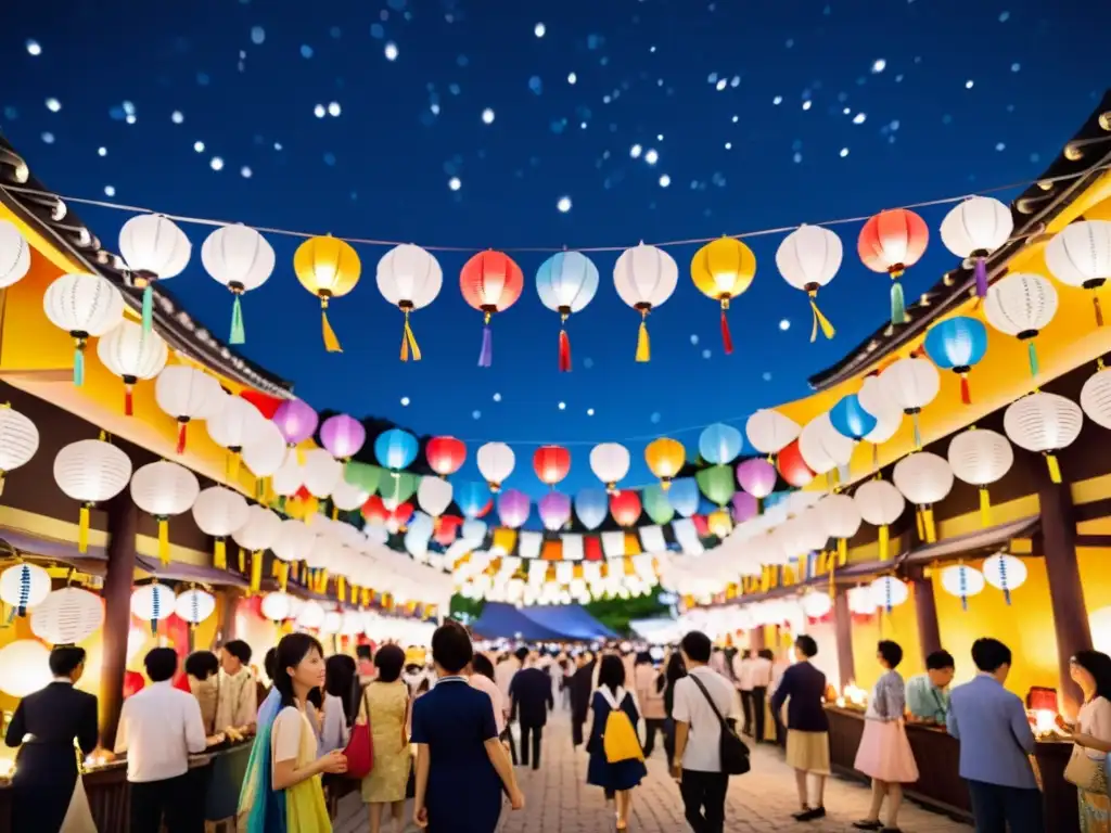 Vibrante Festival de las Estrellas Tanabata con coloridos streamers y faroles, creando una atmósfera festiva bajo el cielo estrellado