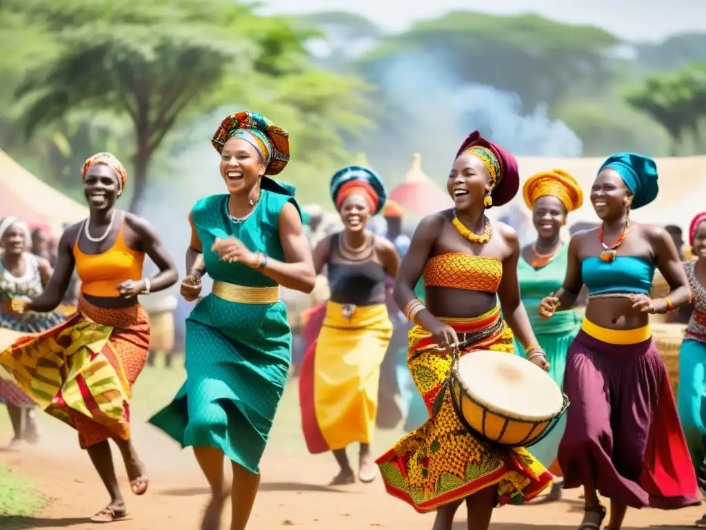 Vibrante festival de cosecha en países francófonos africanos, con danzas, música y coloridos atuendos en un claro soleado rodeado de exuberante vegetación