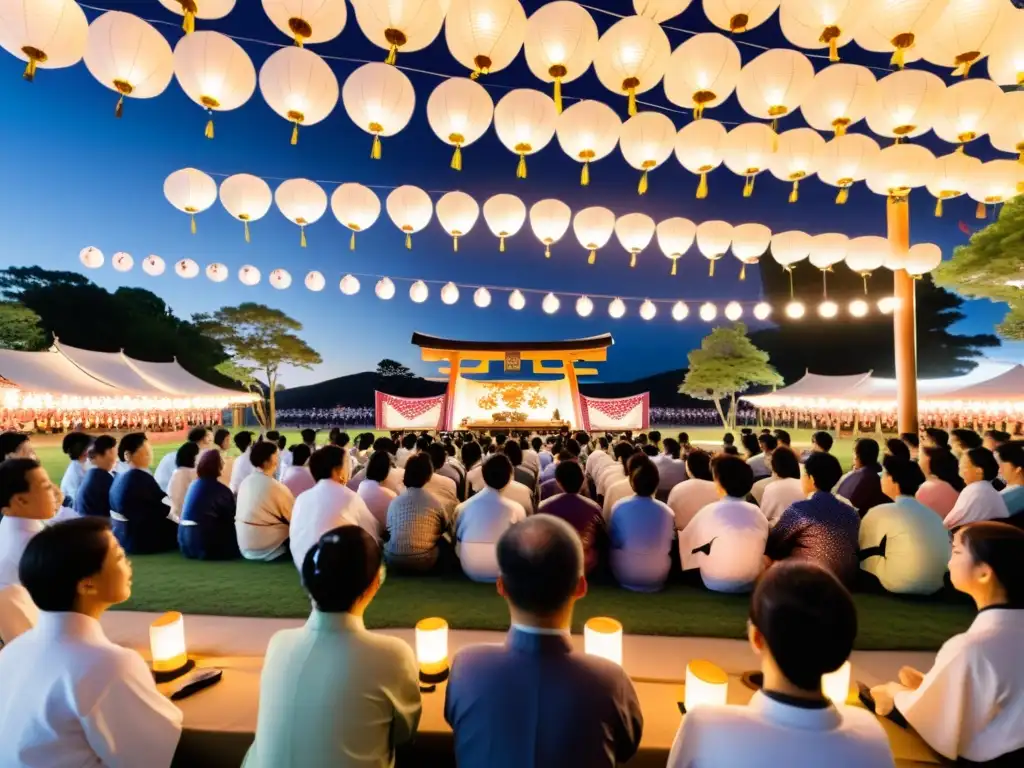 Vibrante Festival de Obon en Japón, con danzas tradicionales y coloridos yukatas bajo faroles de papel