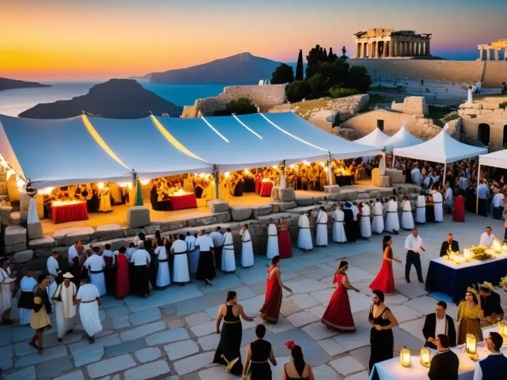 Vibrante festival con danzas y tradiciones griegas entre ruinas, fusionando mitología y fiestas modernas