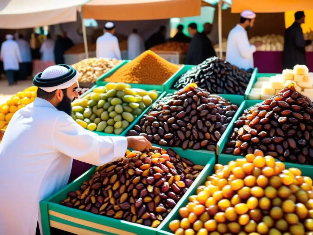 Un vibrante festival de los dátiles en Arabia Saudita, con coloridos puestos y una atmósfera bulliciosa y acogedora