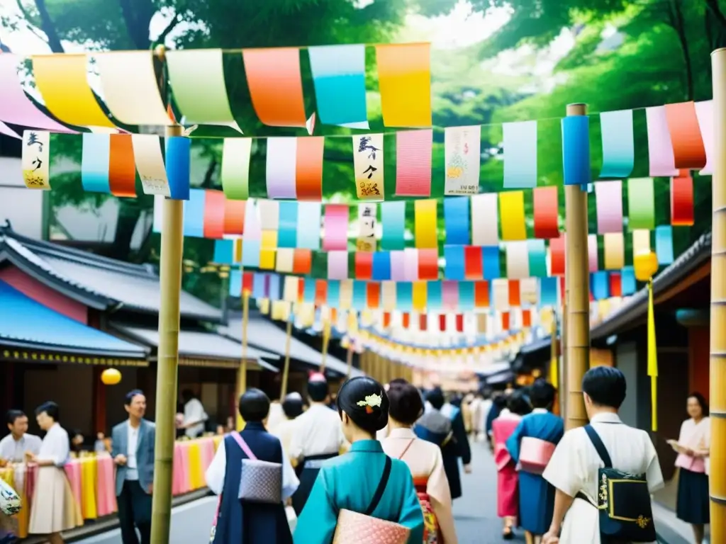 Vibrante Festival de las Estrellas Tanabata con decoraciones coloridas y gente escribiendo deseos en tiras de papel