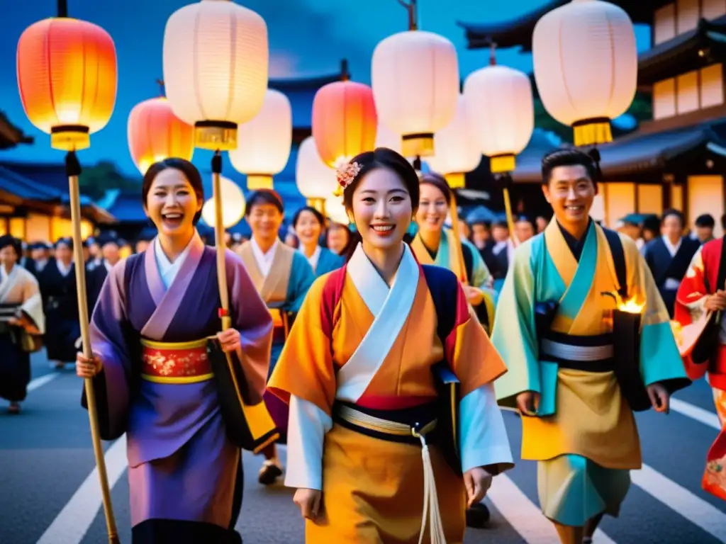 Vibrante festival de fuego Shinto en Japón, con participantes en atuendos tradicionales llevando antorchas y linternas por la bulliciosa calle iluminada