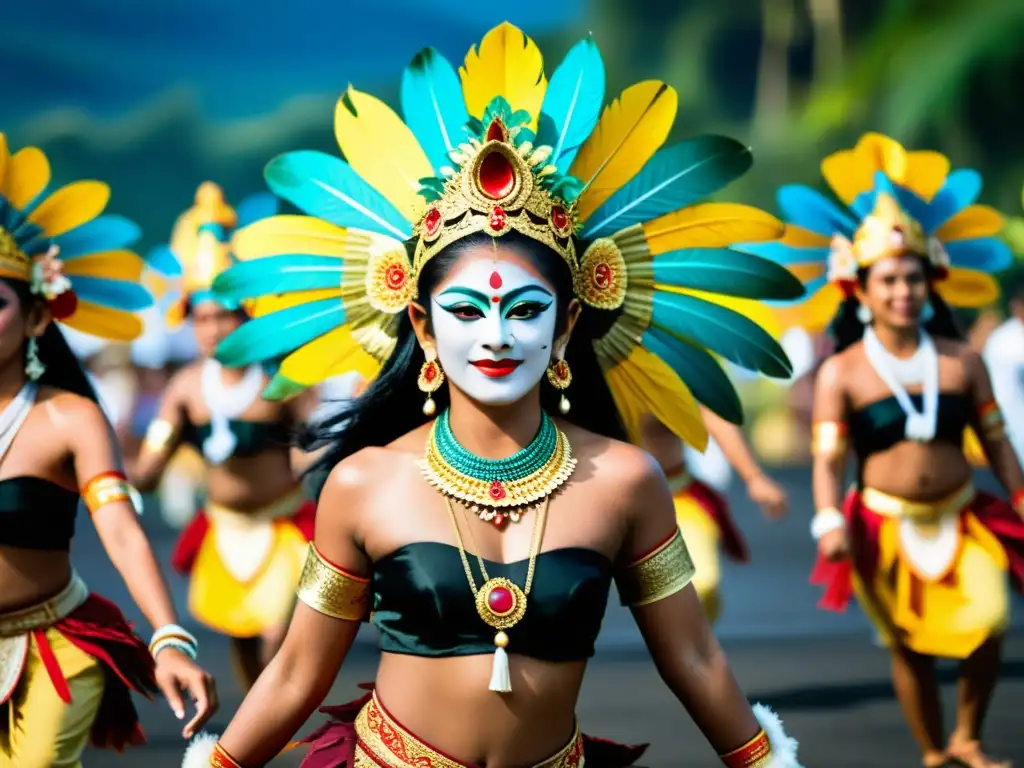 Vibrante Festival Garuda Bali mitología: coloridos trajes tradicionales y actuaciones en escenario al aire libre