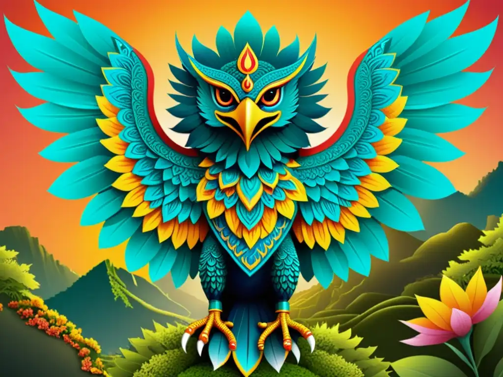 Vibrante ilustración del Festival Garuda Bali mitología, con Garuda en pose dinámica y alas extendidas, rodeado de exuberante paisaje balinés