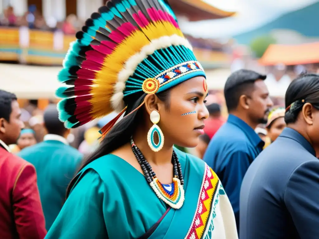 Vibrante festival indígena en mercado globalizado, fusionando tradición y modernidad