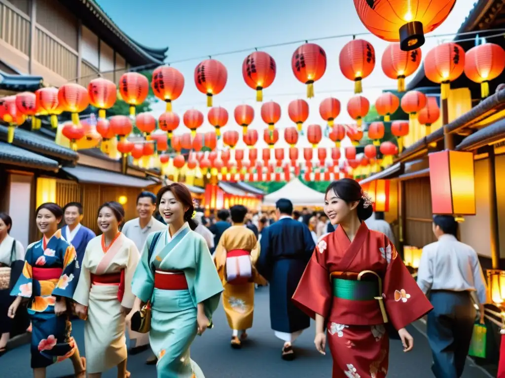 Vibrante festival japonés con faroles de papel, desfiles y comida callejera