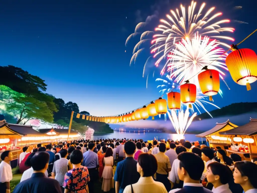 Vibrante festival japonés con yukatas, faroles, fuegos artificiales y puestos de comida