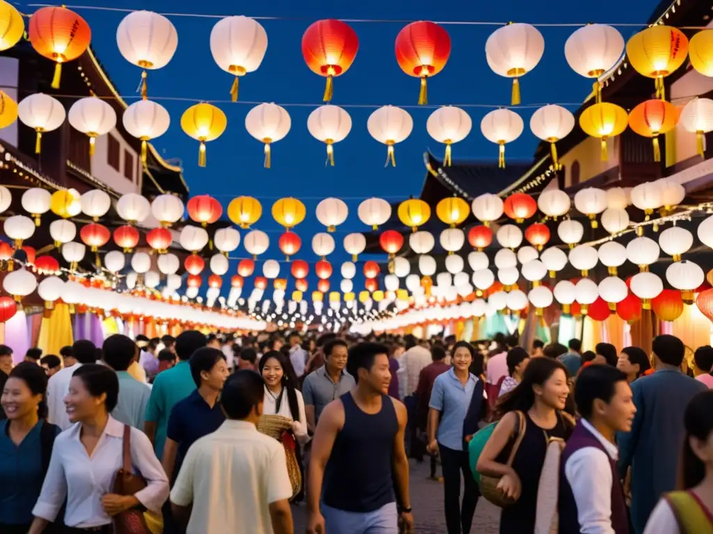 Vibrante Festival de la Luna Asia tradiciones, con calles llenas de gente y coloridos faroles iluminando la noche