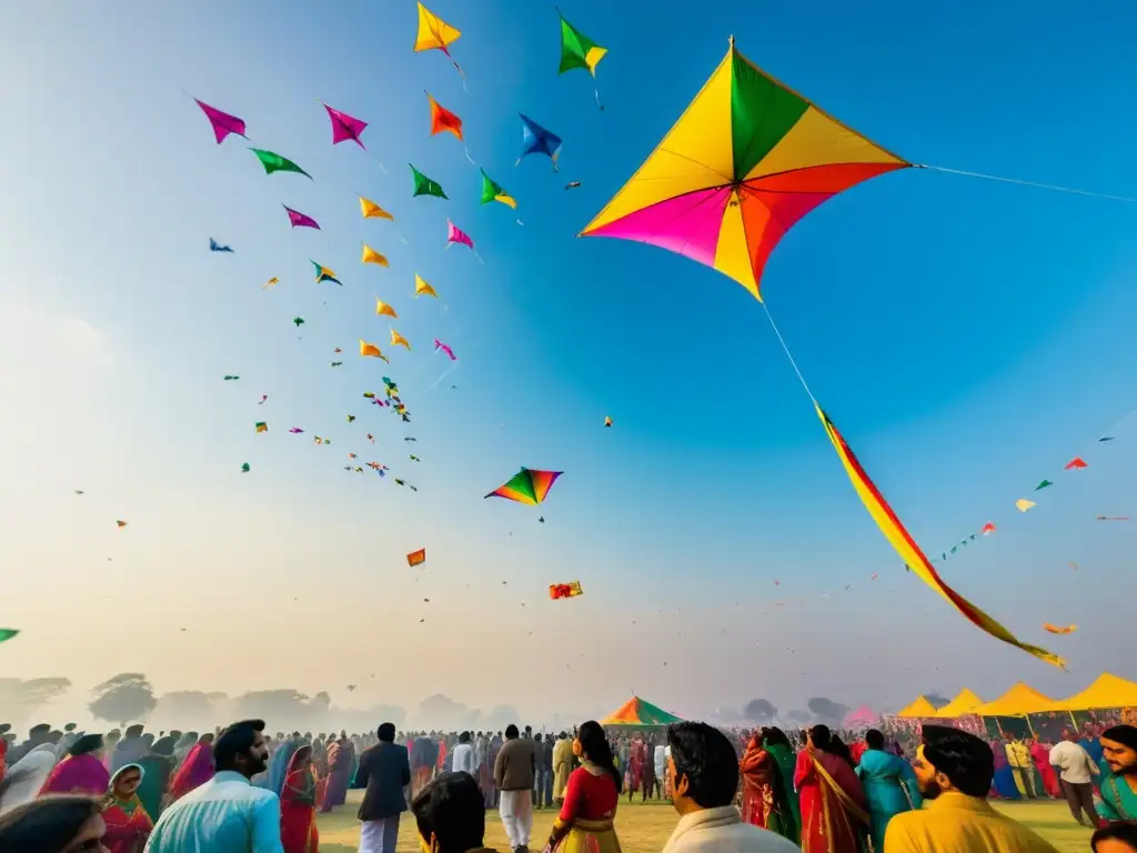 Un vibrante festival de Makar Sankranti con cometas coloridas que vuelan bajo el cálido sol