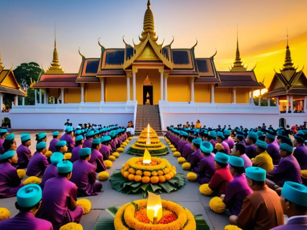 Vibrante Festival Pchum Ben en Camboya: templo adornado, ofrendas y oraciones al atardecer