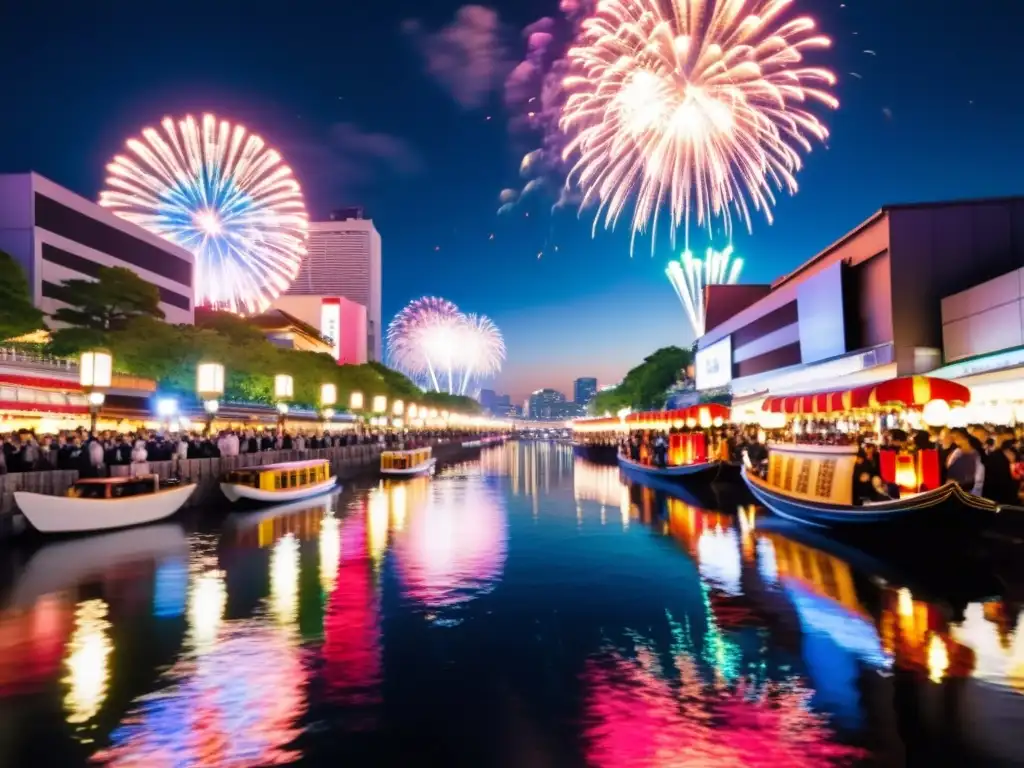 Vibrante festival Tenjin Matsuri Osaka: fuegos artificiales reflejados en el río, barcos japoneses iluminados y multitud disfrutando la cultura