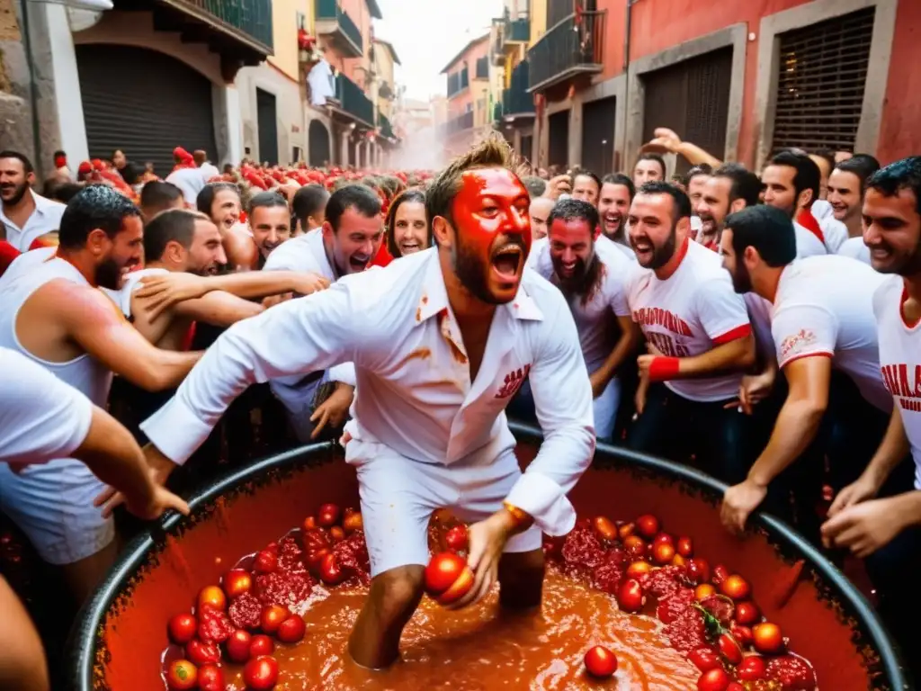 Vibrante festival La Tomatina en Buñol, España: multitud arrojando tomates en calles estrechas, expresiones de alegría