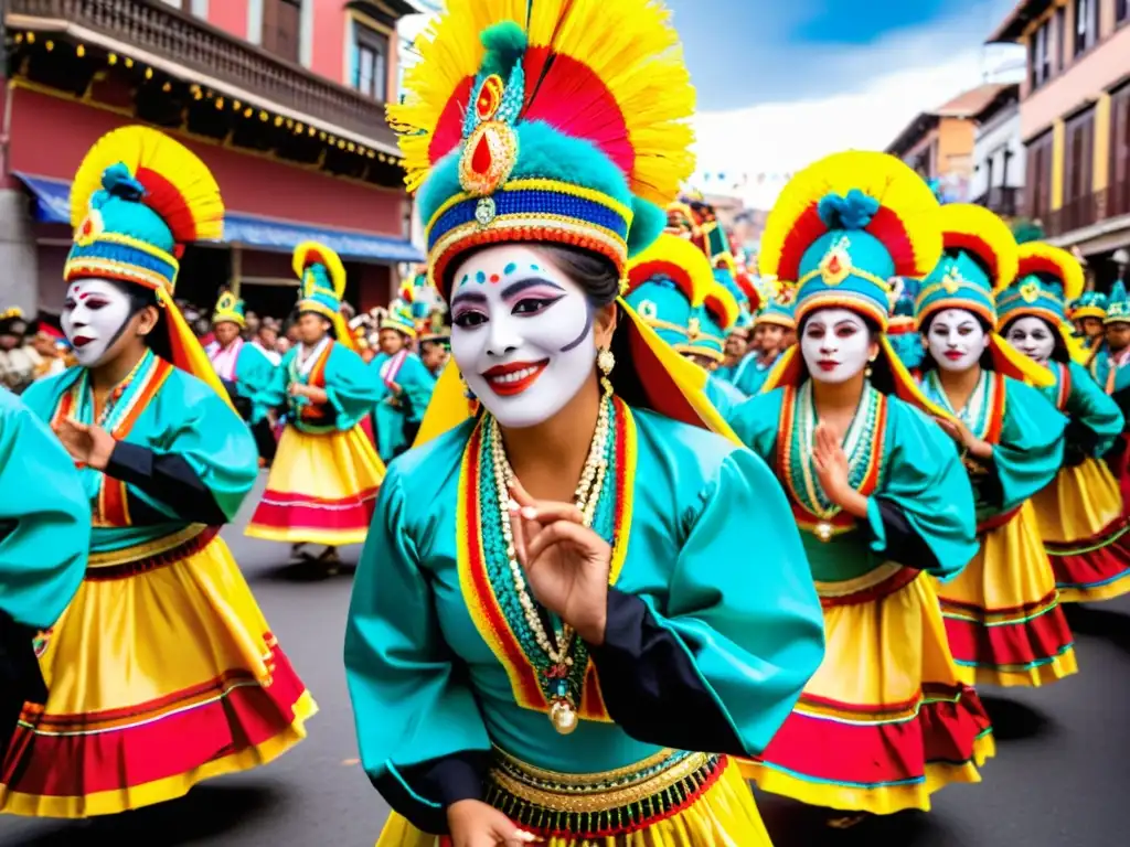 Una vibrante procesión de la Fiesta del Gran Poder La Paz, con danzas coloridas y músicos en flotantes ornamentados