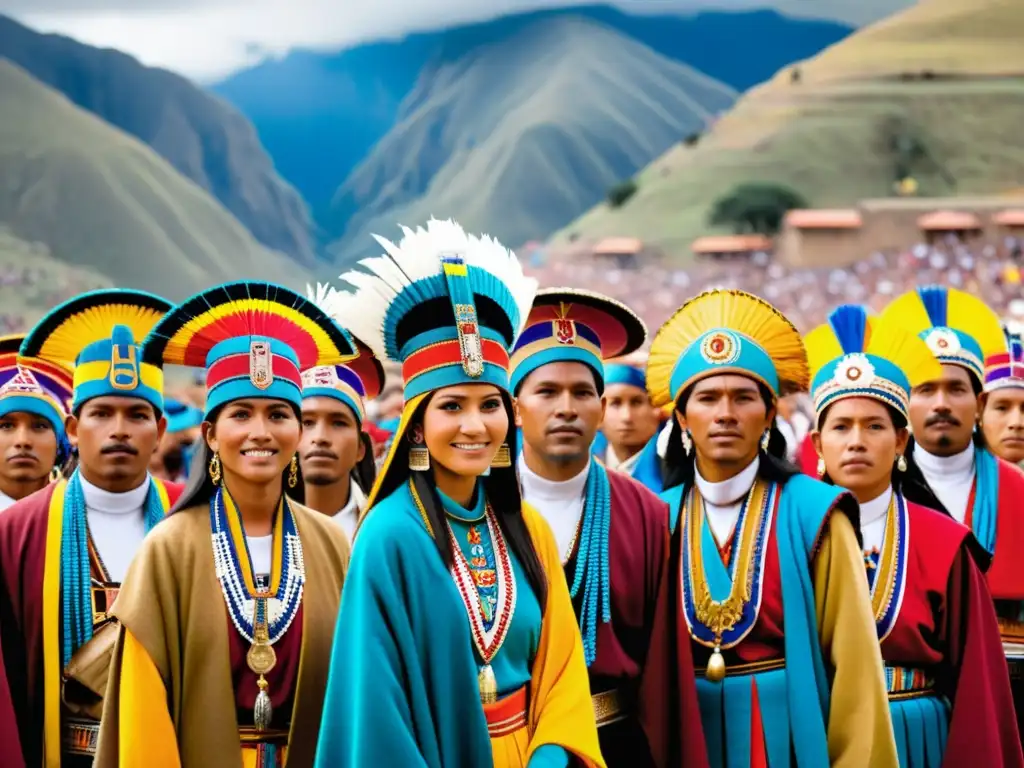 Vibrante Fiesta del Inti Raymi en Cusco: colores, patrones y expresiones de reverencia en trajes incas, con ruinas y montañas andinas al fondo