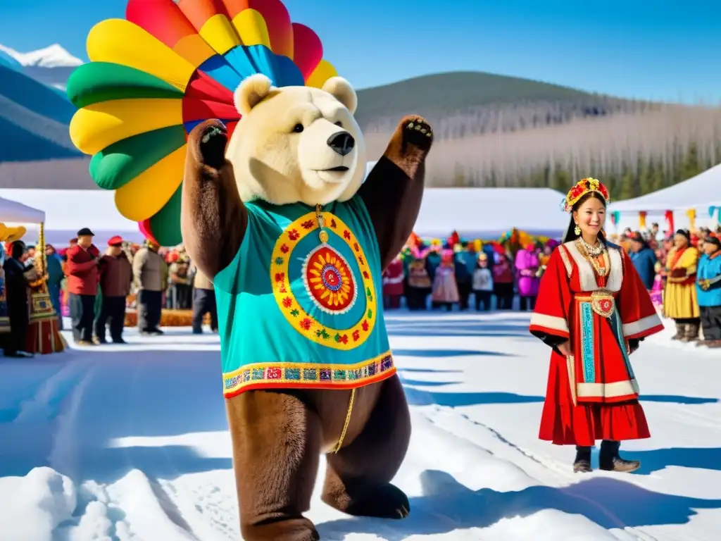 Vibrante Fiesta del Oso en Siberia: diversidad cultural, música tradicional, coloridos trajes y un gran oso como centro de la celebración