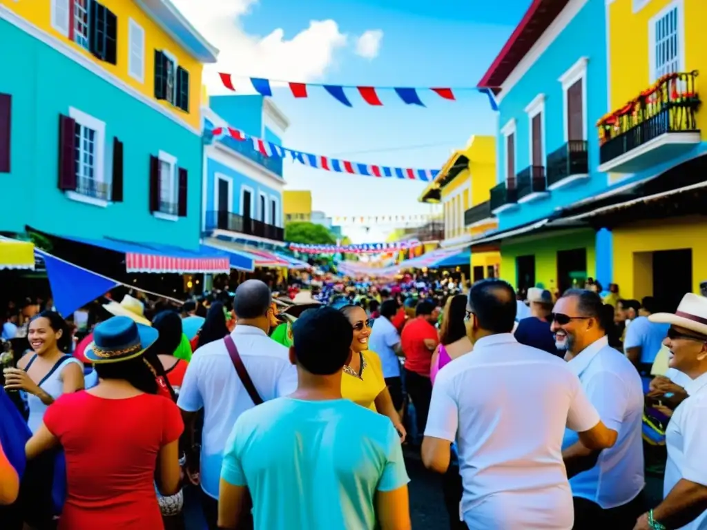 Vibrante fiesta calle San Sebastián Puerto Rico: gente, música, baile y banderas coloridas en atardecer festivo