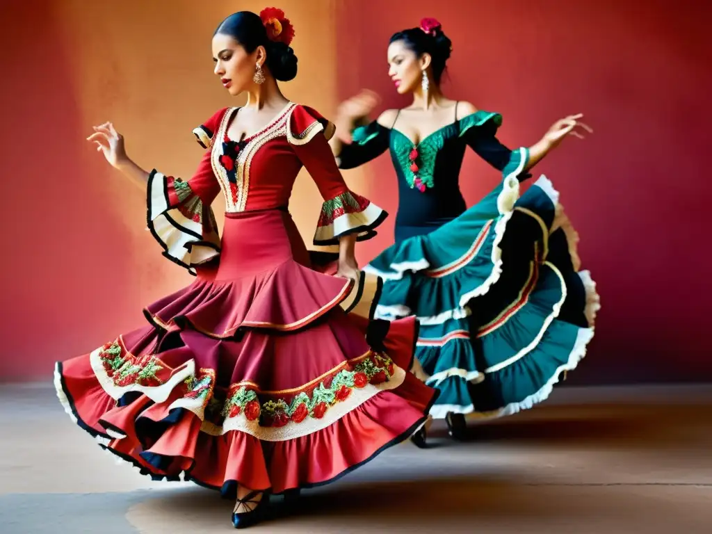 Vibrante imagen de bailarinas de flamenco con trajes tradicionales, capturando la pasión y la energía de la danza flamenca