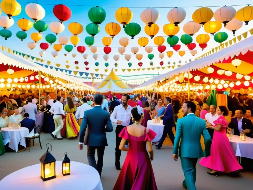 Vibrante imagen de la Feria de Abril en Sevilla, tradición y cultura en su máximo esplendor con trajes tradicionales, baile y comida típica