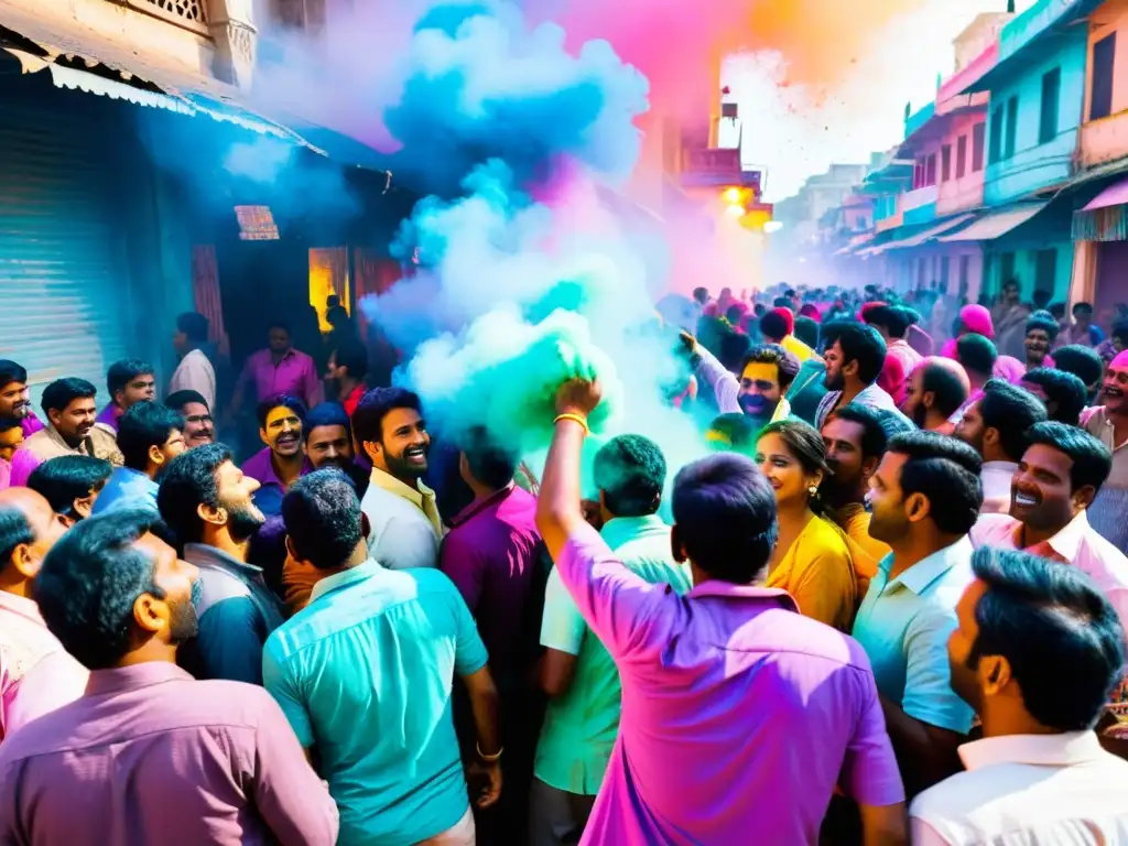 Vibrante celebración del Holi festival primavera India, con colores, alegría y caos en la calle