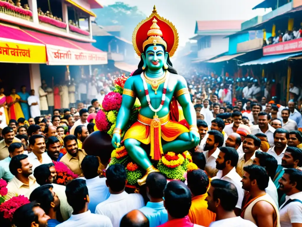 Procesión vibrante en la India durante festival, con estatua de Hanuman llevada por devotos entre multitud colorida y reverente