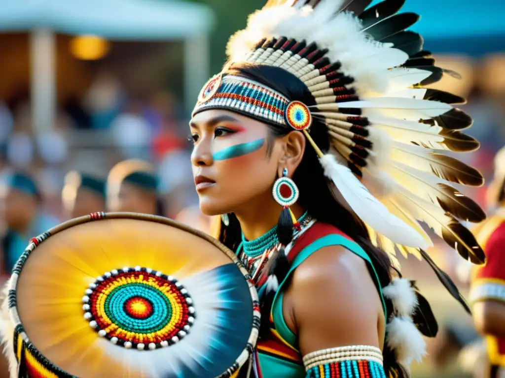 Un vibrante powwow indígena que celebra los derechos culturales de los nativos americanos, con danzas, tambores y coloridos atuendos tradicionales