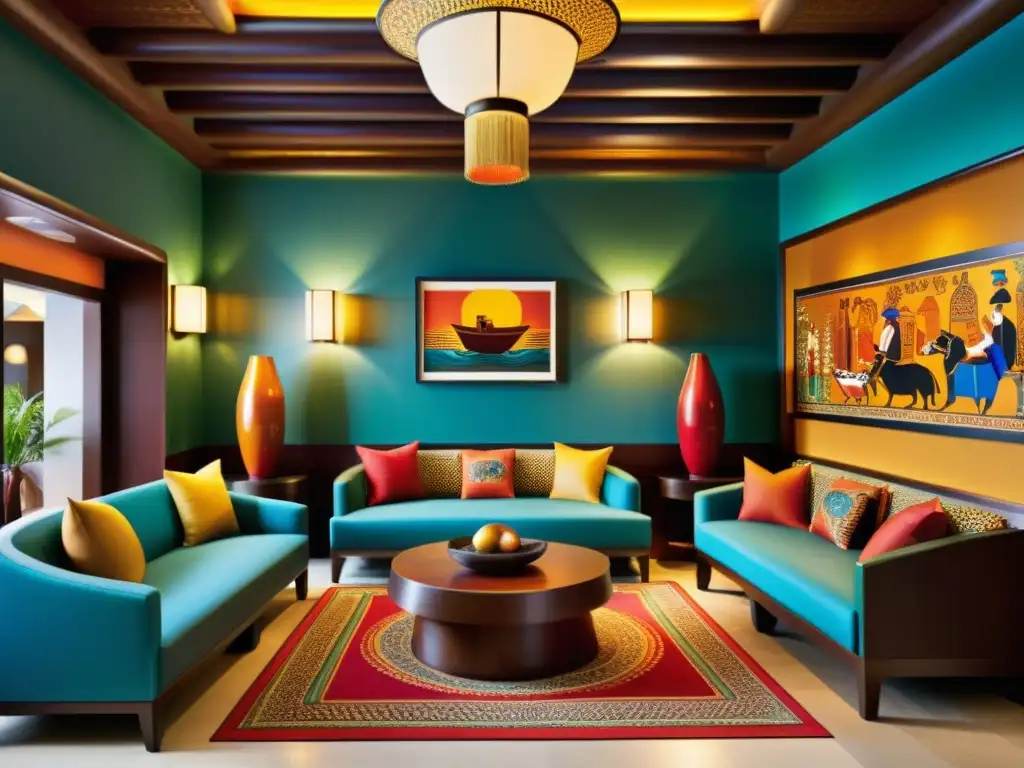 Vibrante lobby de hotel temático cultura local con mobiliario artesanal, murales coloridos y personal vestido tradicionalmente