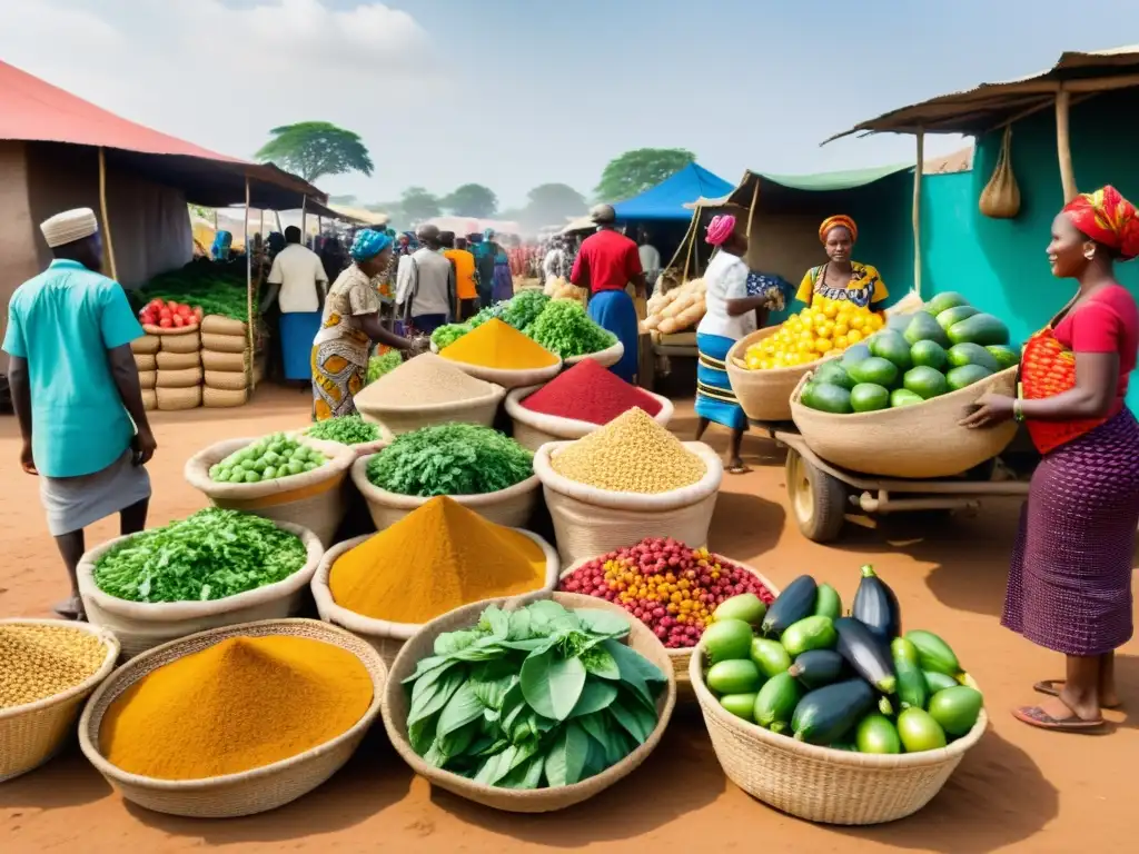 Vibrante mercado africano con influencia cultural de la agricultura en África Francófona