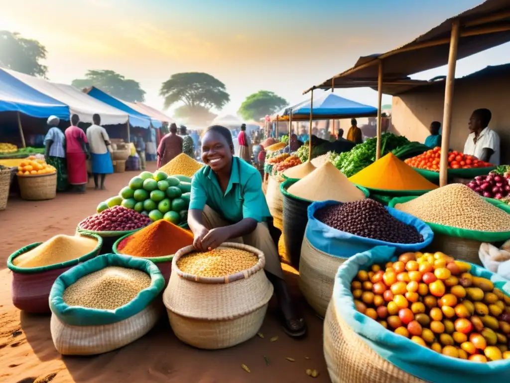 Vibrante mercado africano con influencia cultural de la agricultura en África Francófona