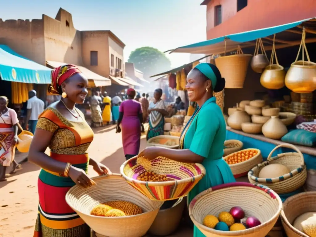 Vibrante mercado africano con mujeres en trajes tradicionales vendiendo cestas y textiles, iluminado por el sol