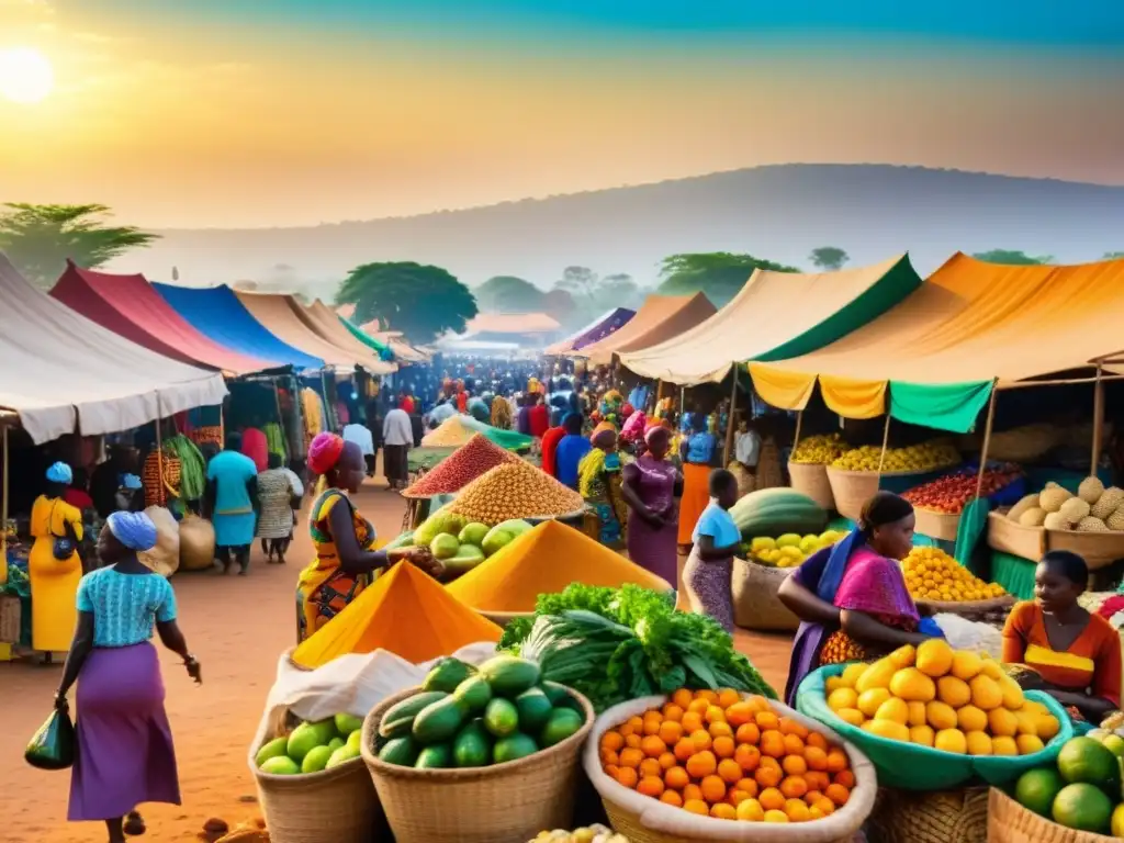 Un vibrante mercado africano con mujeres vestidas en ropa tradicional, vendiendo frutas, verduras y artesanías