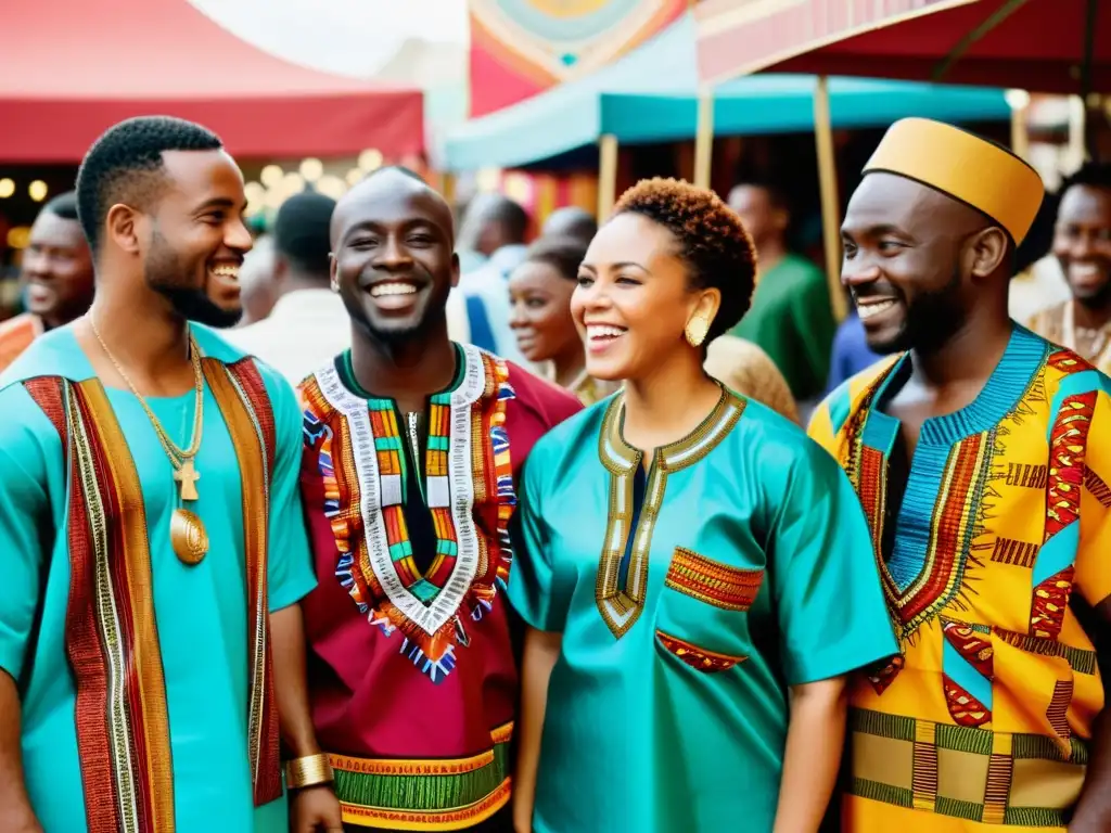 Un vibrante mercado africano donde personas visten la tradicional vestimenta africana Dashiki, mostrando orgullo y conexión cultural