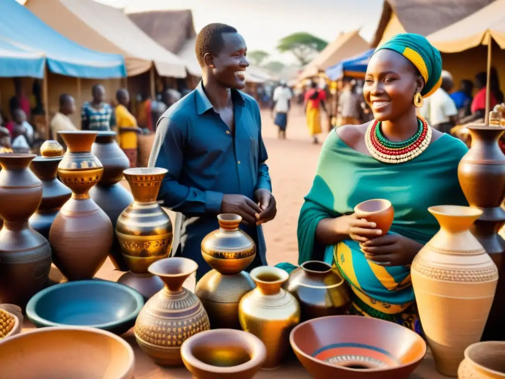 Vibrante mercado africano con textiles coloridos y arte tradicional, reflejando la diversidad cultural y artística