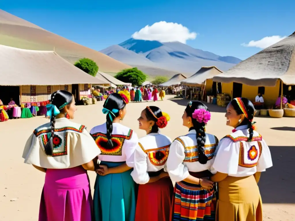 Un vibrante mercado al aire libre en el Altiplano Mexicano, donde mujeres otomíes visten trajes tradicionales y disfrutan de una animada conversación