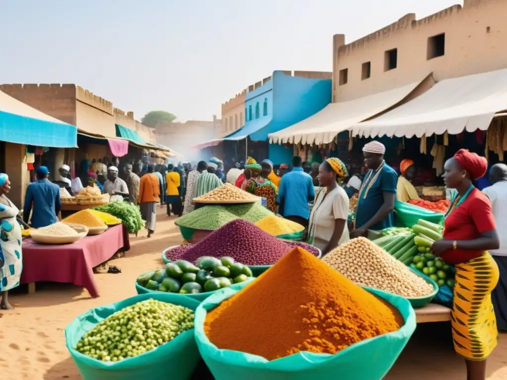 Vibrante mercado al aire libre en Senegal, con textiles coloridos, productos frescos y artesanías