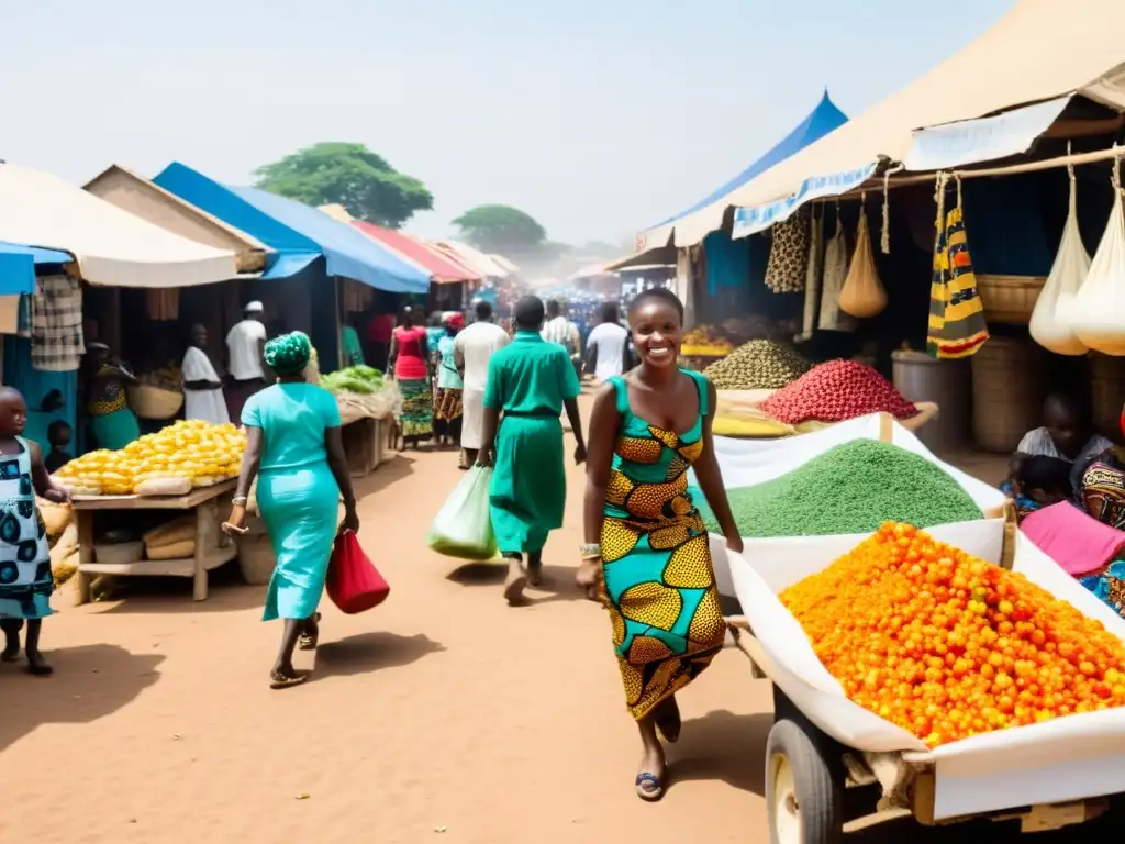 Vibrante mercado al aire libre en África francófona con textiles coloridos, productos frescos y arte vibrante