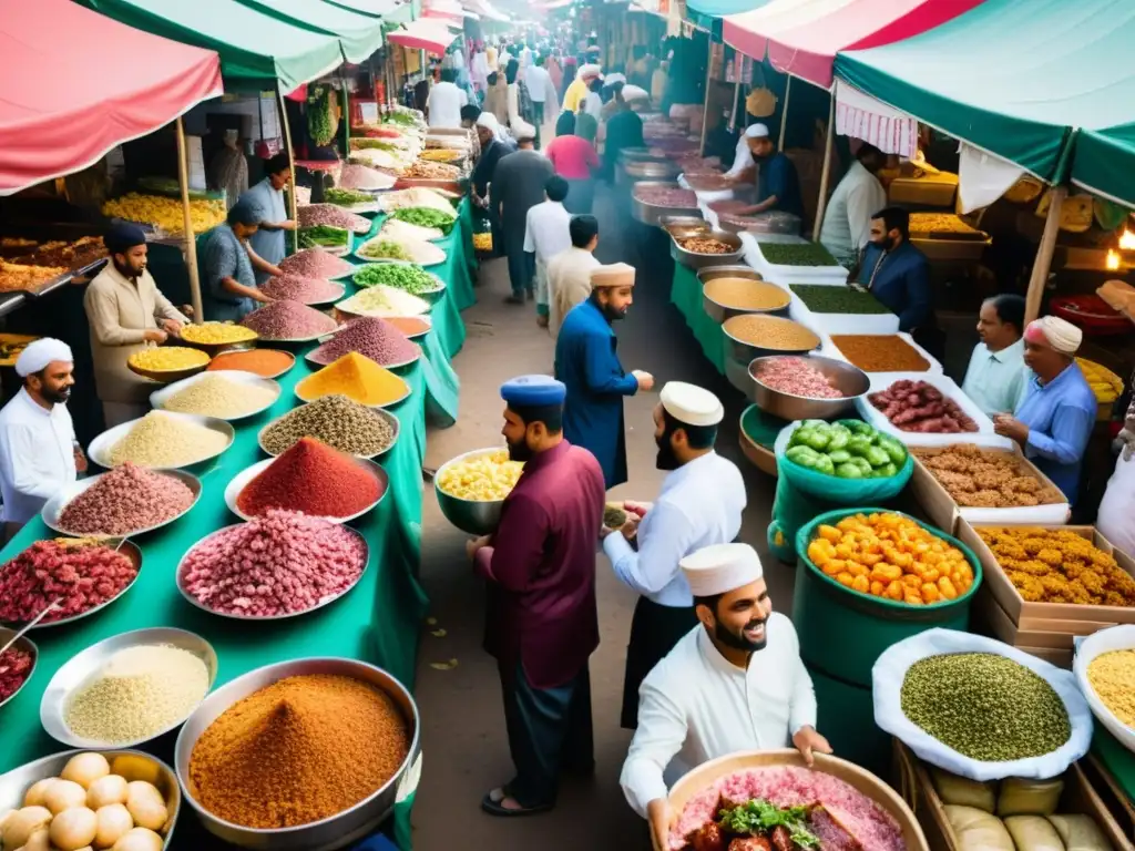 Un vibrante mercado al aire libre en Eid al-Adha, donde la gastronomía y la tradición islámica cobran vida con colores y sabores