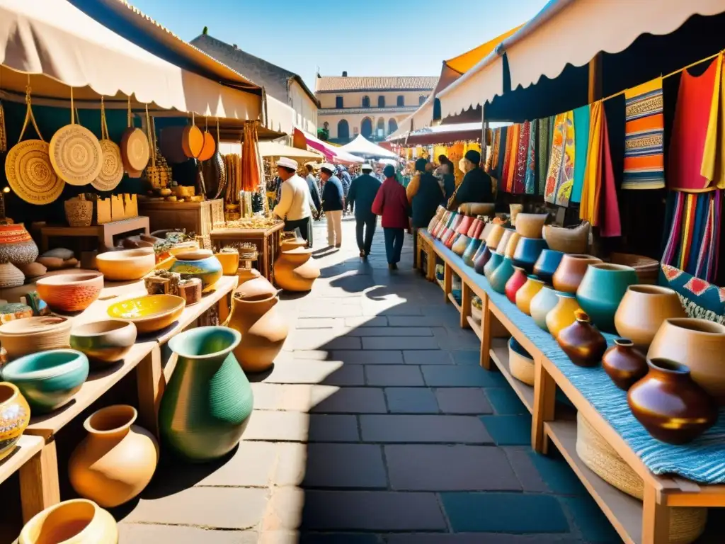 Vibrante mercado de arte popular global con coloridas artesanías y actividades, capturando la rica herencia cultural