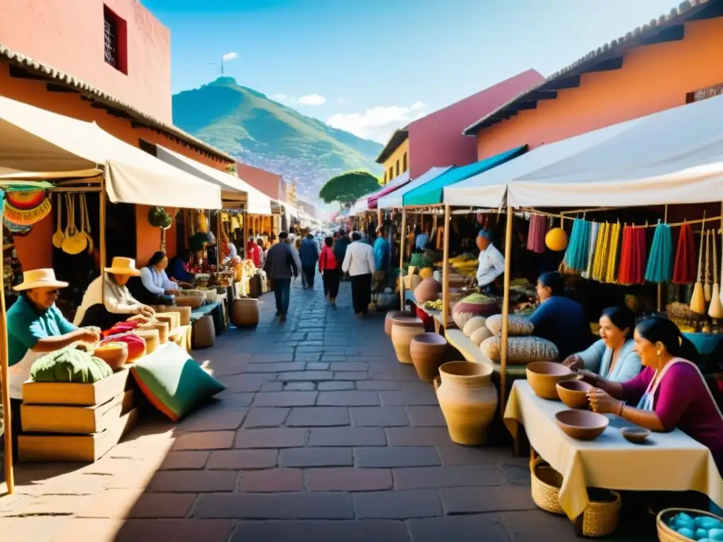 Vibrante mercado de artesanías latinoamericanas, reflejando la riqueza cultural