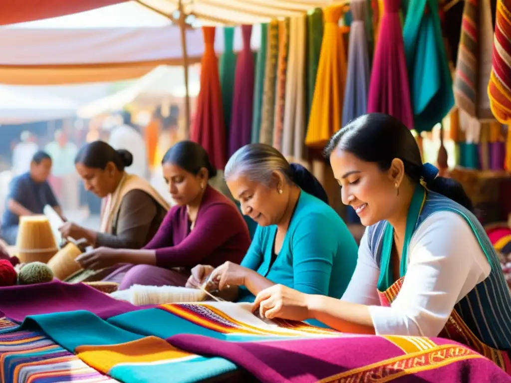 Un vibrante mercado con artesanos de diversas culturas creando moda étnica artesanal global entre textiles coloridos