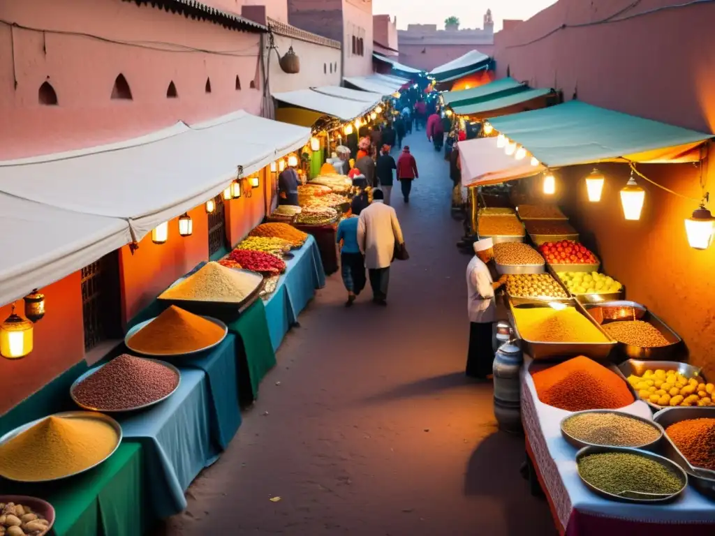 Vibrante mercado callejero en Marrakech, Marruecos, con cocina callejera mundial tradiciones en un atardecer cálido y colorido