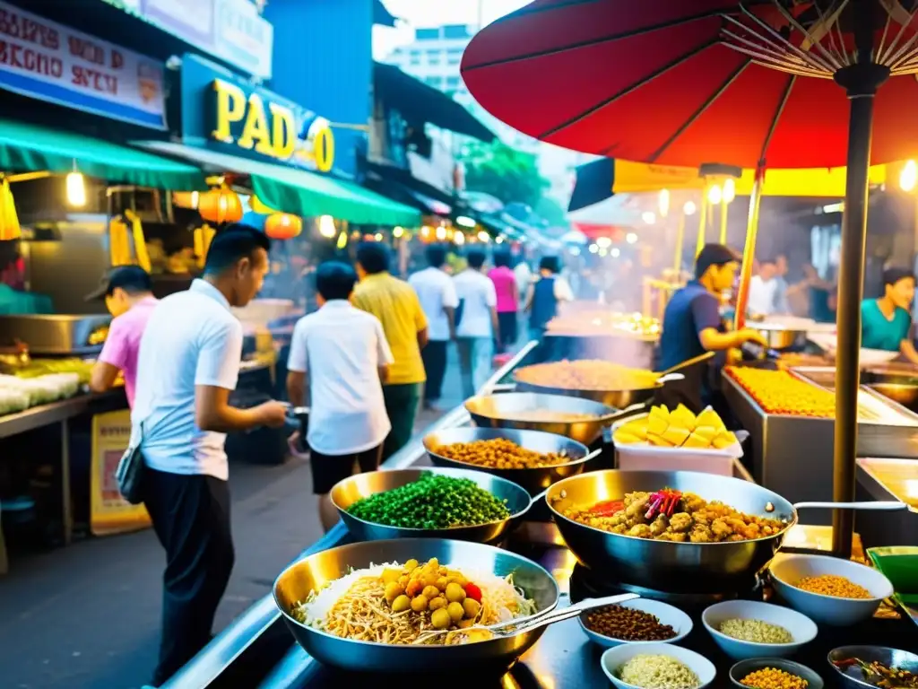 Vibrante mercado callejero de Bangkok, Tailandia, con puestos de comida coloridos y deliciosos platos como pad Thai, mango sticky rice y satay