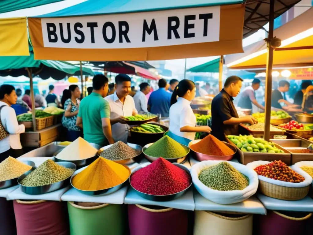 Un vibrante mercado callejero en el sudeste asiático, con platos exóticos para paladares aventureros y una atmósfera bulliciosa y llena de vida