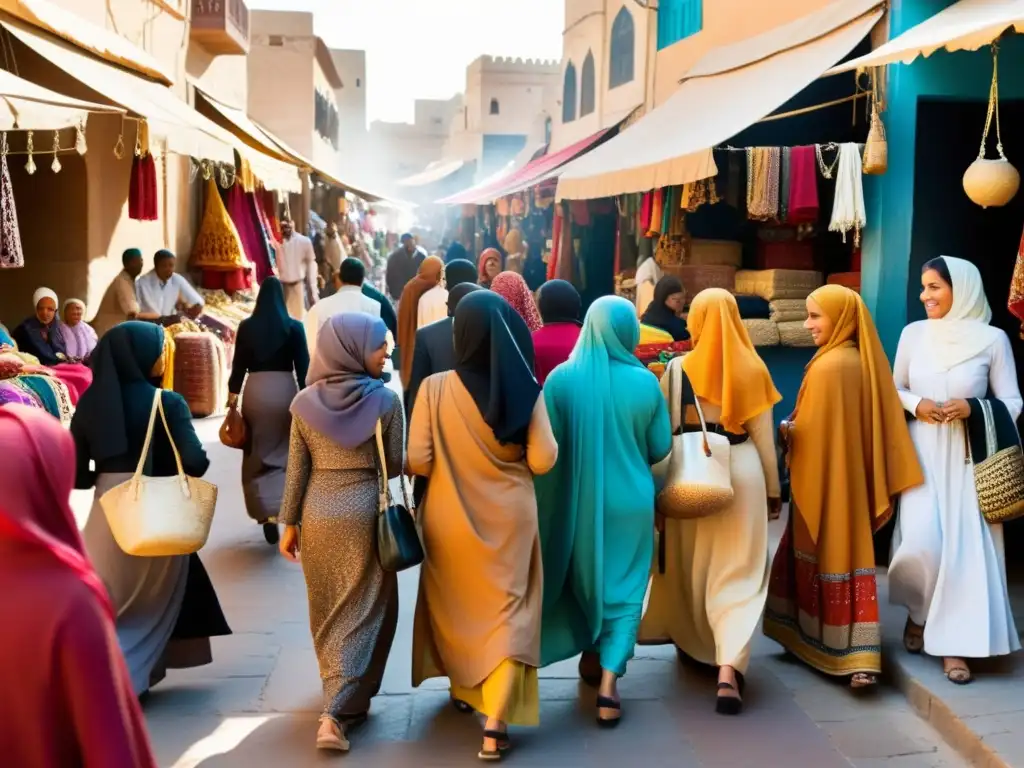 Vibrante mercado en una ciudad del norte de África, con moda y modestia en África del Norte, donde se venden textiles coloridos y joyería artesanal