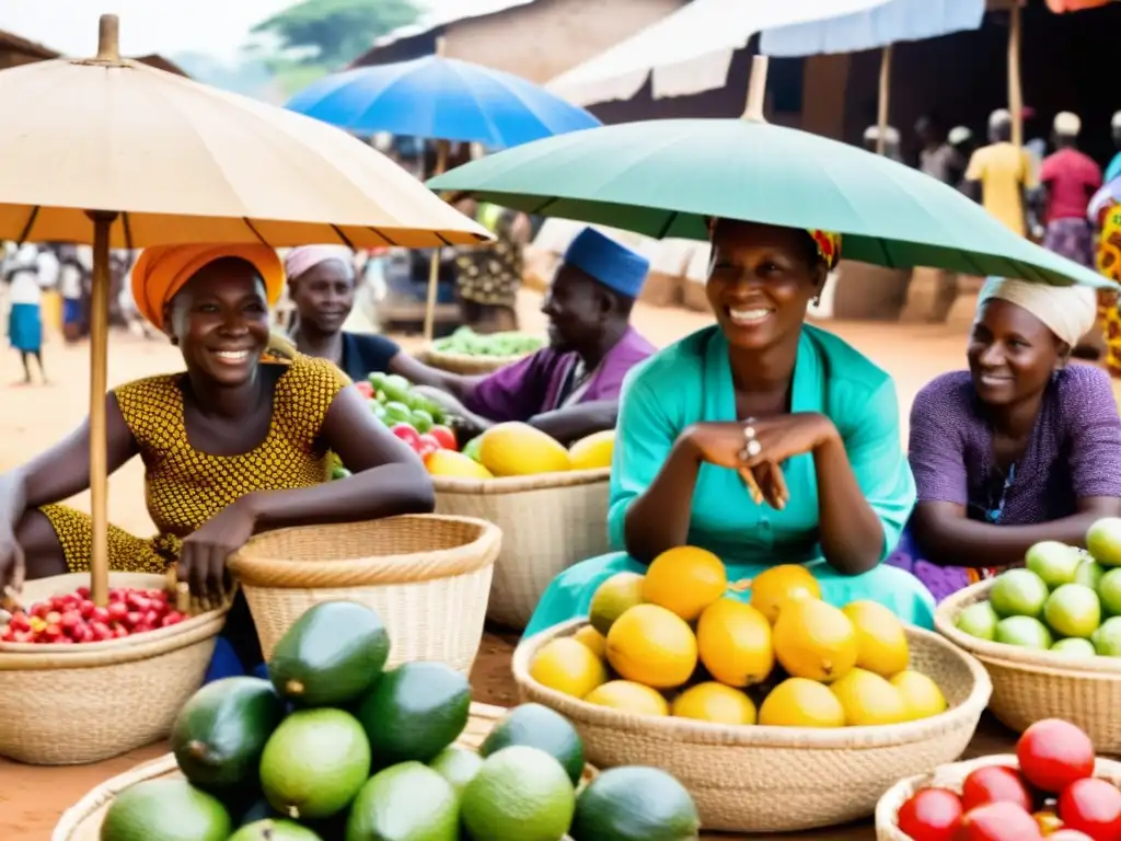 Vibrante mercado en Guinea, con diálogo cultural entre francés y fula, artesanías y productos frescos