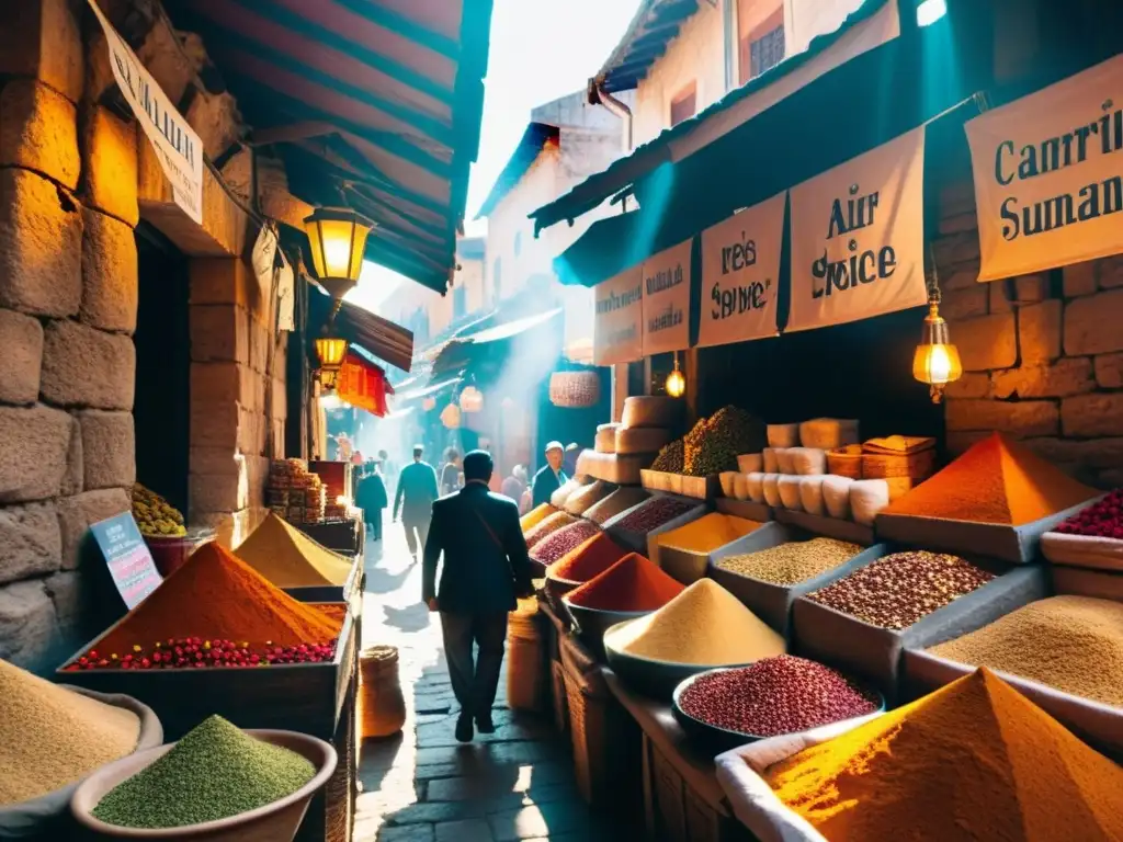 Vibrante mercado de especias en una antigua ciudad, la Ruta del Especiero sabores continentes cobra vida con colores, aromas y cultura