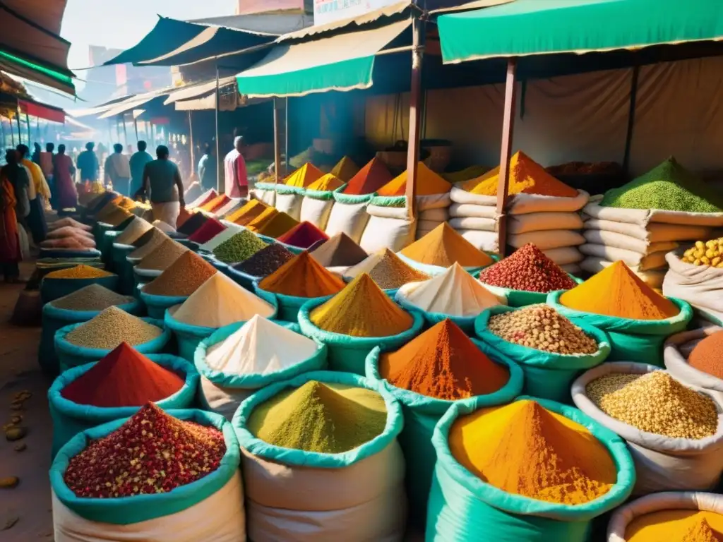 Un vibrante mercado de especias en la India con una atmósfera cautivadora