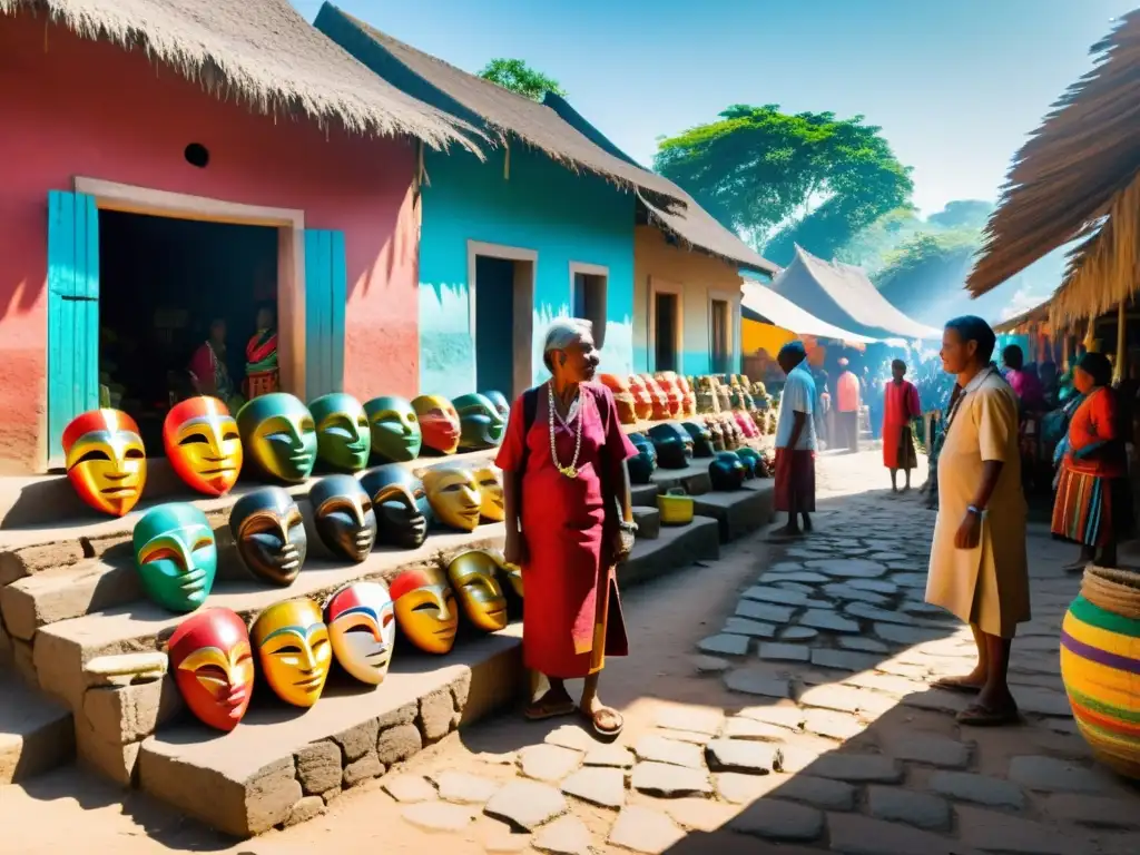 Vibrante mercado étnico con máscaras y esculturas artesanales en un pueblo remoto