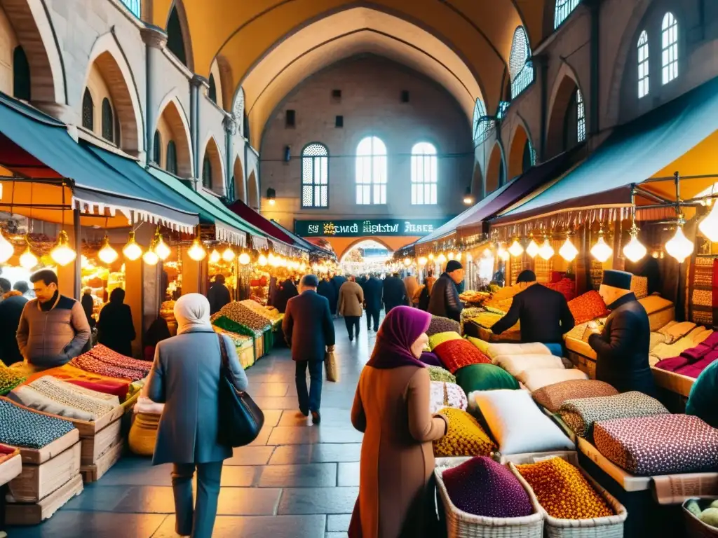 Vibrante mercado del Gran Bazar de Estambul con textiles étnicos y moda global entre la gente diversa, bañado por cálida luz dorada